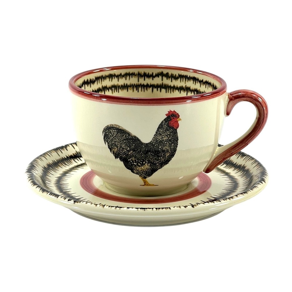 Rooster Oversized Cup & Saucer C E Corey Galo Made in Portugal 16 oz Rustic Farm
